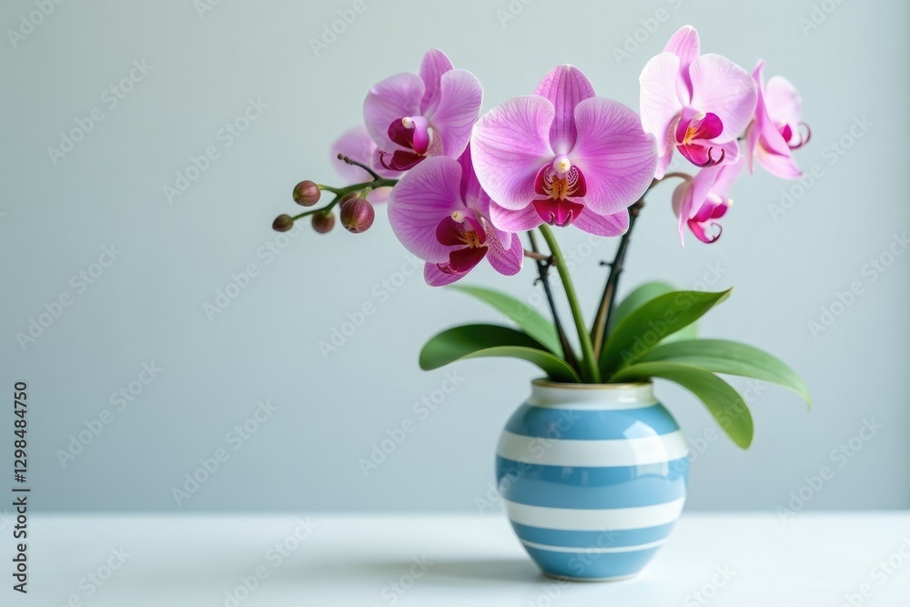Pink orchids in a delicate blue and white striped vase arrangement, glass, orchid Pink orchids in a delicate blue and white striped vase arrangement, glass, orchid