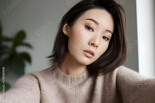 A photo of a model with Korean makeup, wearing a beige sweater, dark brown hair, light pink blush, pink lips, and light brown eyeshadow. The background is minimalistic with a plant