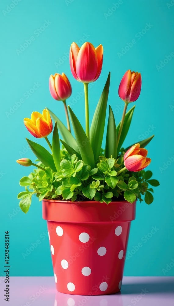 Obraz premium Polka dot pot with colorful flowers and lush greenery, plants, tulip, blue background