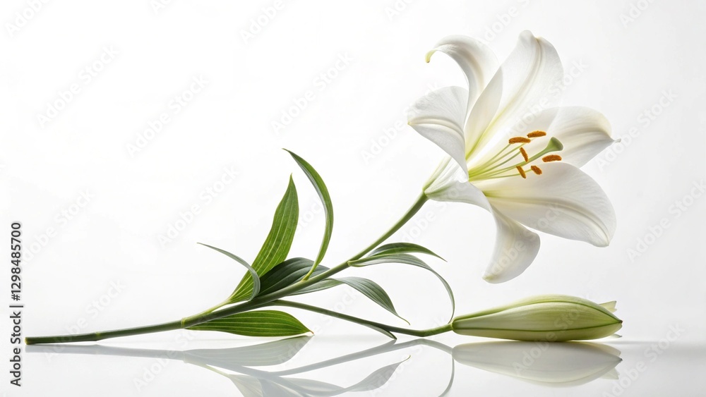 Fototapeta premium White lily flower with stem on white background
