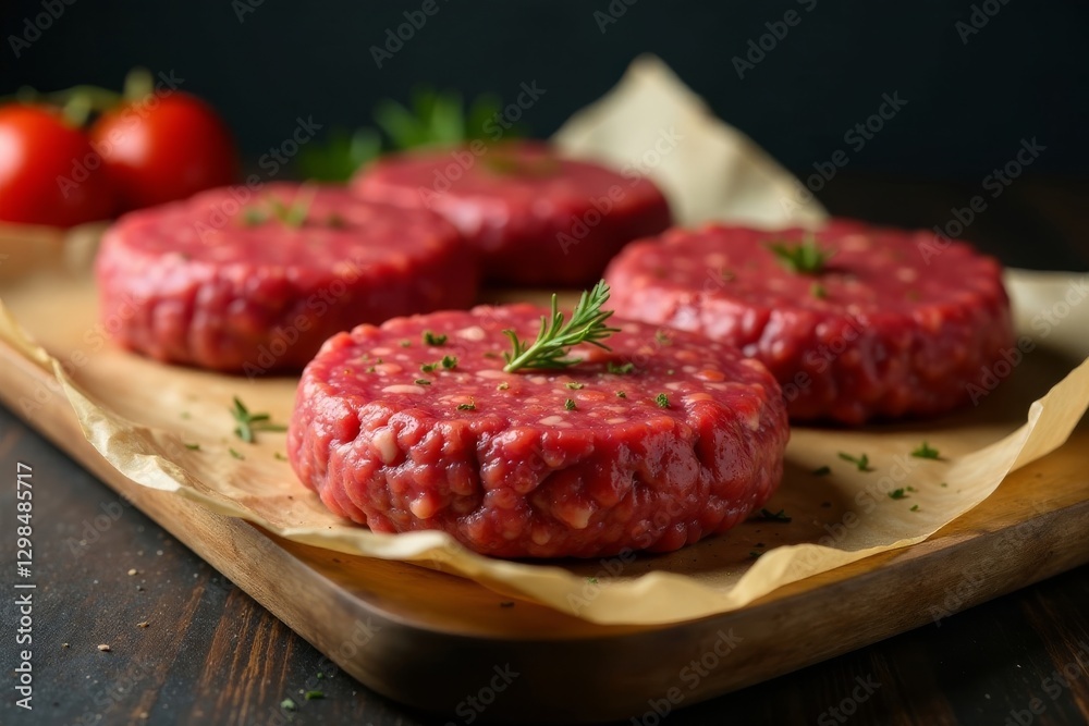 Juicy raw beef burgers on baking paper, dark backdrop, cooking, steak Juicy raw beef burgers on baking paper, dark backdrop, cooking, steak