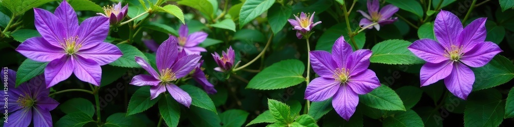 Purple clematis vines with green leaves and twigs, perennials, forest landscapes Purple clematis vines with green leaves and twigs, perennials, forest landscapes