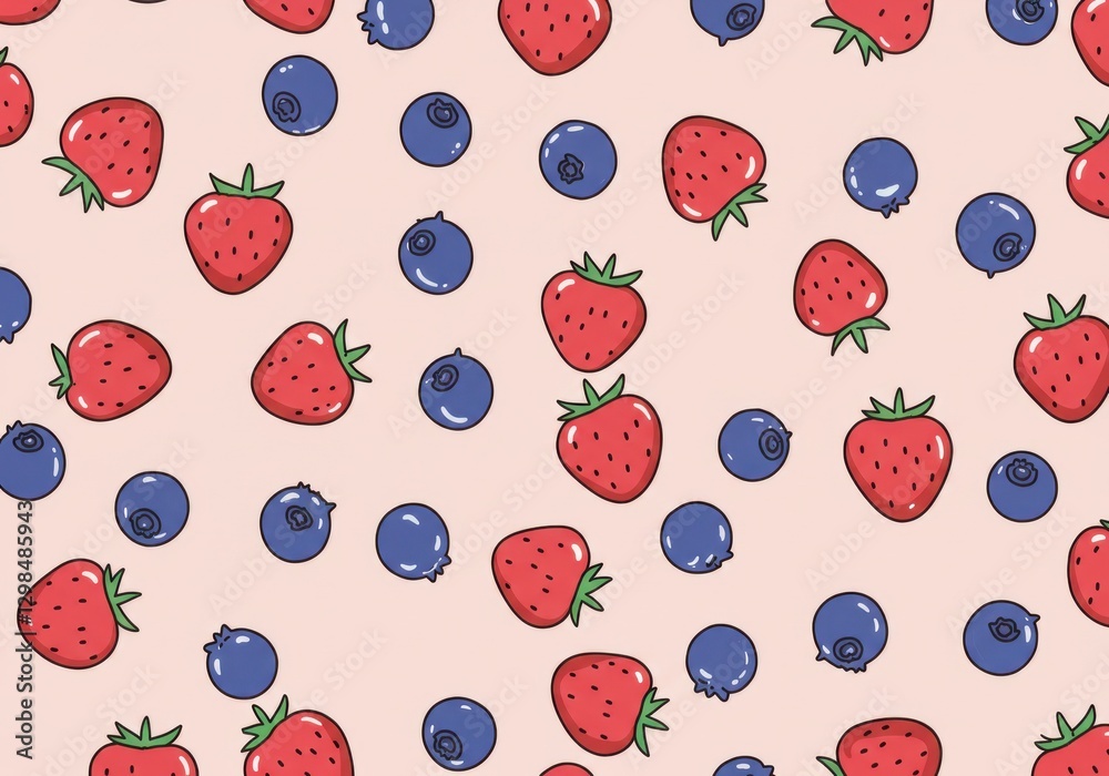 Cute cartoon berries pattern, colorful strawberries and blueberries, pastel background, playful fruit illustration, hand-drawn style, cheerful and whimsical Cute cartoon berries pattern, colorful strawberries and blueberries, pastel background, playful fruit illustration, hand-drawn style, cheerful and whimsical