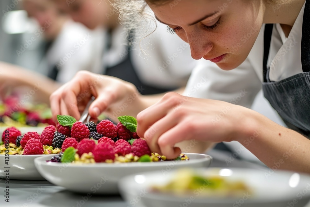 A chef meticulously garnishes a bowl of granola with fresh raspberries and blackberries, showcasing culinary precision and attention to detail. A chef meticulously garnishes a bowl of granola with fresh raspberries and blackberries, showcasing culinary precision and attention to detail.