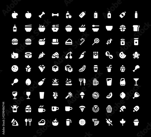 Food Icon Set - Black Filled Style. Including burger, apple, fruit, vegetable, bowl, soup, milk, eggplant, honey, eat, ice cube silhouette.