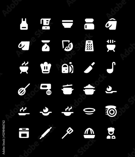 Kitchen Icon Set - Black Filled Style. Including apron, blender, bowl, bread, toaster, bucket, grater, food, scale, chef, ladle silhouettes.