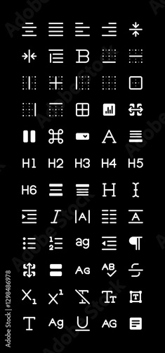 Text Formatting Icon Set - Black Filled Style. Including align, justify, bold, italic, indent, outdent, paragraph, heading, title, uppercase, capital, underline, strikethrough, I cursor silhouette
