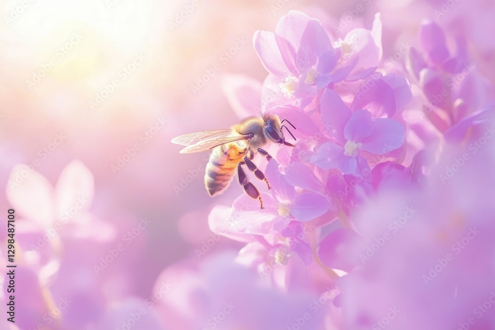 A honeybee delicately gathers nectar from vibrant, soft pink blossoms in a sunlit garden. A honeybee delicately gathers nectar from vibrant, soft pink blossoms in a sunlit garden.