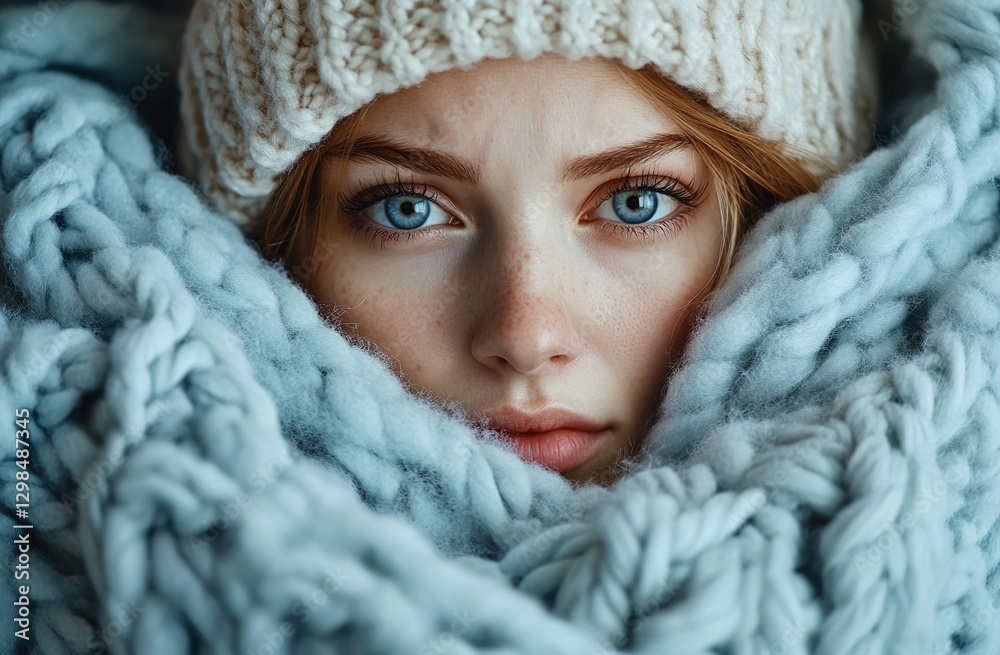 Closeup Portrait of a Young Woman with Blue Eyes in a Chunky Knit Sweater and Hat Closeup Portrait of a Young Woman with Blue Eyes in a Chunky Knit Sweater and Hat