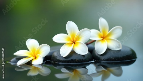 serene arrangement of three white frangipani on pebbles in water, frangipani, tranquil, still life