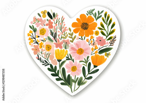 a flat illustration of a heart-shaped floral sticker, vibrant color palette, white background, gouache paint , pastel colors, pink, orange, and yellow tones,