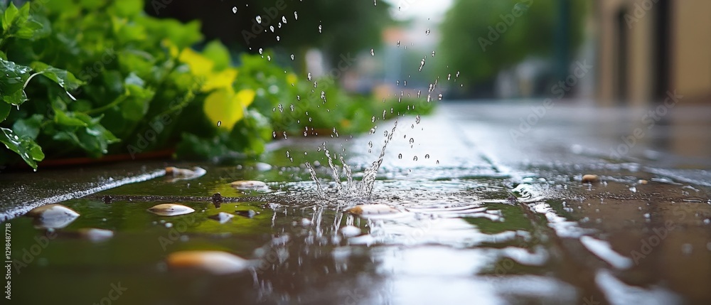 Naklejka premium rain falling into puddle on wet ground