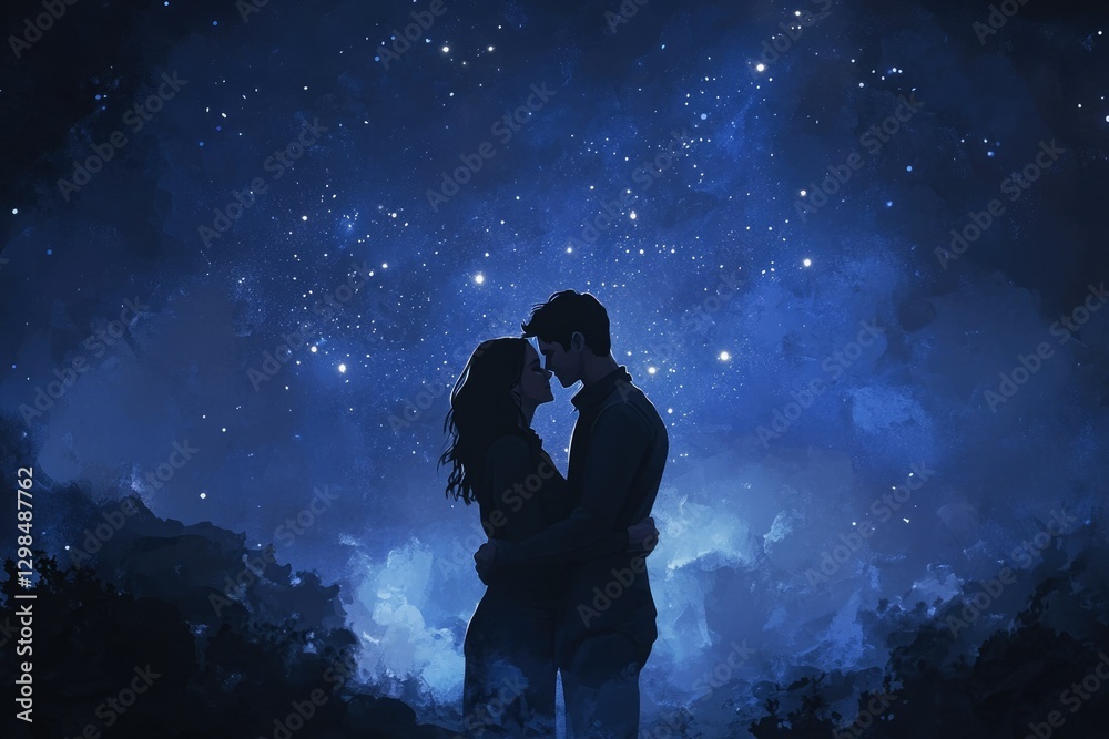 Silhouette of a couple embracing under a starry night sky, expressing love and romance. Silhouette of a couple embracing under a starry night sky, expressing love and romance.
