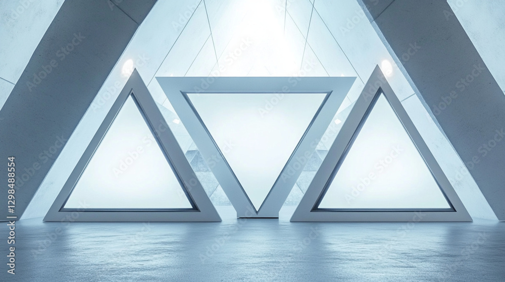 Obraz premium Futuristic exhibition stand with triangle shapes and three large screens displaying dynamic content, stand has a sleek,modern design with LED lighting accents,a professional and high-tech ambiance.