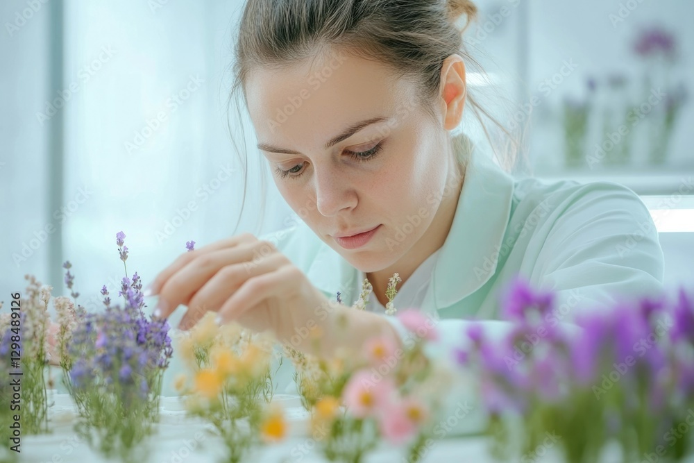 A female scientist meticulously examines various flowers in a lab setting, likely for research or analysis. A female scientist meticulously examines various flowers in a lab setting, likely for research or analysis.