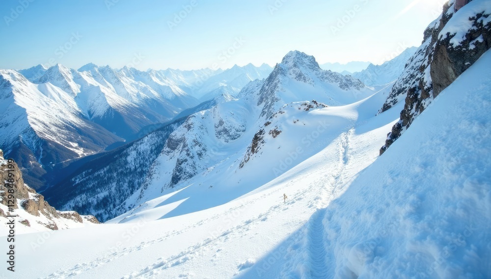 Obraz premium Snow-covered mountain slope with rope and harness, mountain landscape, snowboard tracks, frozen ground