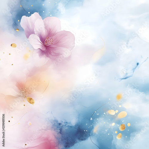 Watercolor background with soft pastel colors, flowers and clouds, dots and swirls, light pink, blue, gold, and white colors