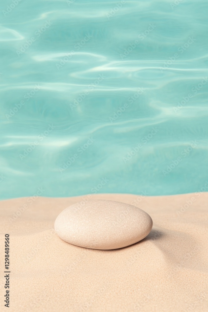 Obraz premium Smooth stone rests on sandy beach, surrounded by tranquil turquo
