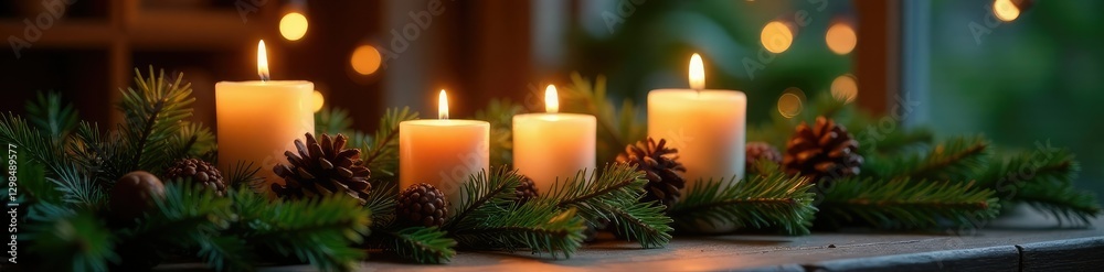 Softly glowing candlelight amidst lush greenery and rustic pinecones, cozy atmosphere, winter decor, greenery Softly glowing candlelight amidst lush greenery and rustic pinecones, cozy atmosphere, winter decor, greenery