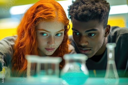 Two young scientists, a redhead girl and a dark-haired boy, intently observe a science experiment in a lab.
