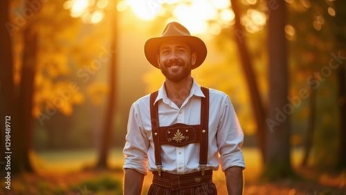 Lederhosen, Vibrant Bavarian man in lederhosen under warm sunlight in an autumnal forest