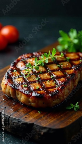 Perfectly seared, thick-cut grilled machete steak, sizzling hot, delicious, texture