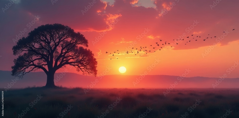 Sunrise silhouettes of birds flocking ancient oak, misty field, morning, sky Sunrise silhouettes of birds flocking ancient oak, misty field, morning, sky