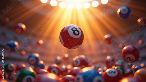 Lottery balls with numbers, Floating lottery balls in a futuristic stadium golden light illuminating numbered spheres dramatically