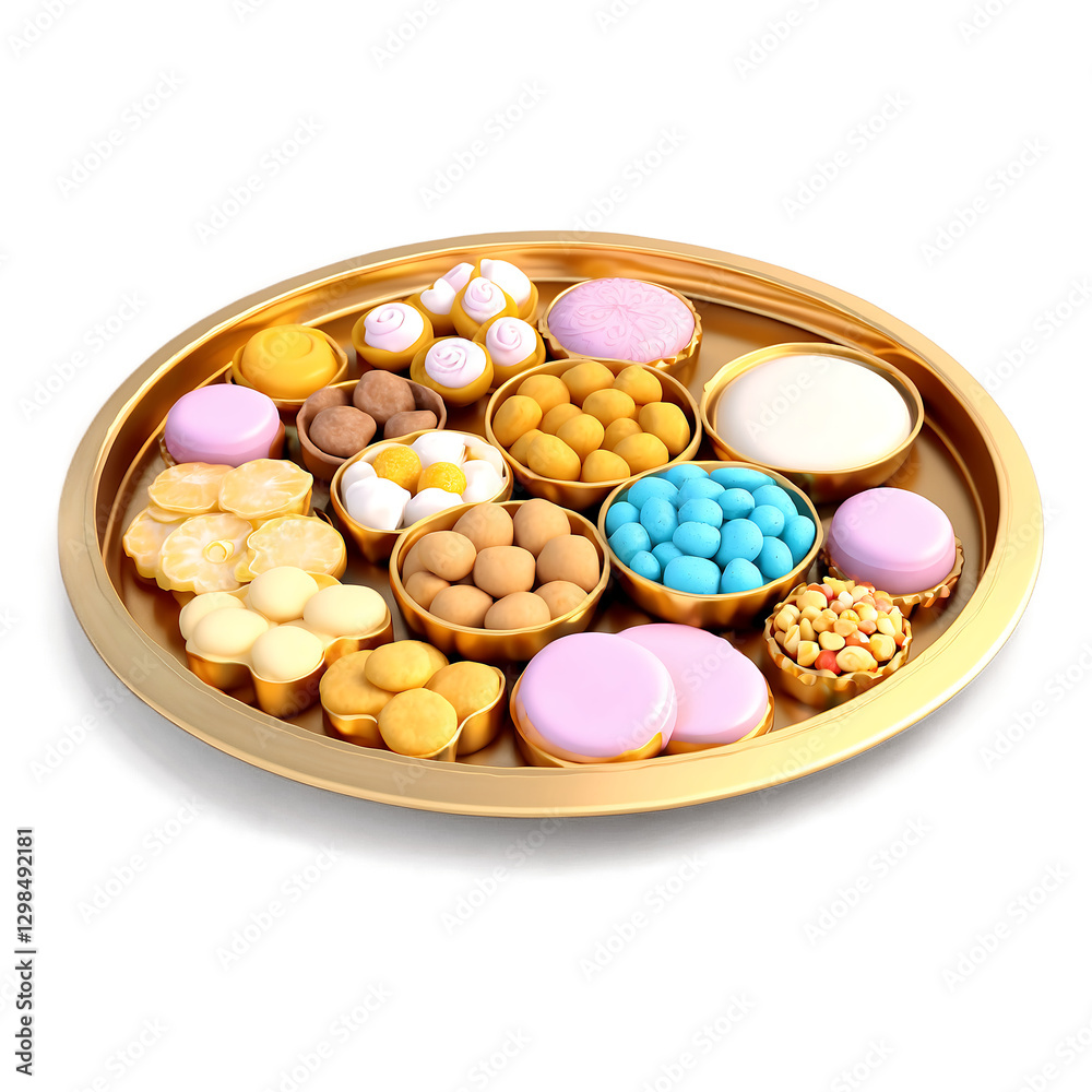 A Golden Tray of Assorted Delectable Sweets and Candies. Transparent background. A Golden Tray of Assorted Delectable Sweets and Candies. Transparent background.