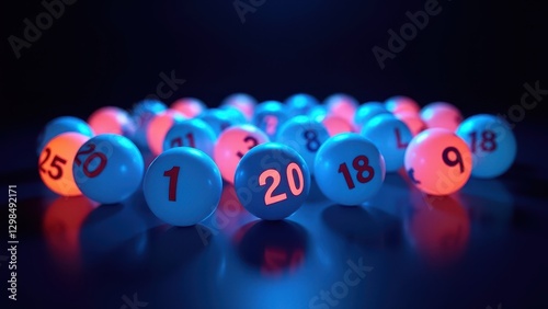 Lottery balls with numbers, Glowing lottery balls numbered 1-20 arranged in circular pattern top-down angle minimalist backdrop