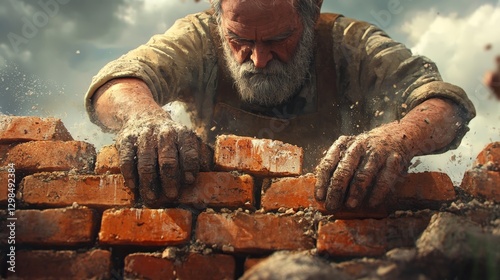 Worker Building the Border Wall with WALL Bricks for Border Control Infrastructure
