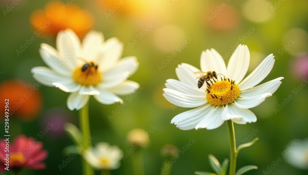 White petals with bright yellow centers in a sunny garden, bees and butterflies, flower garden, warm weather