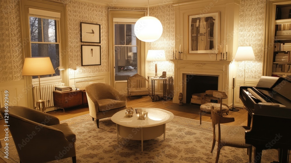 Fototapeta premium Chic and trendy living room featuring a subtle leaf design wallpaper, cozy lighting, and neutral colors for a balanced interior