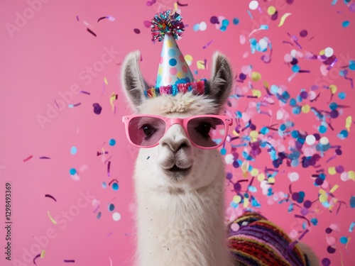 A festive llama wearing pink sunglasses and a party hat against a vibrant pink background.