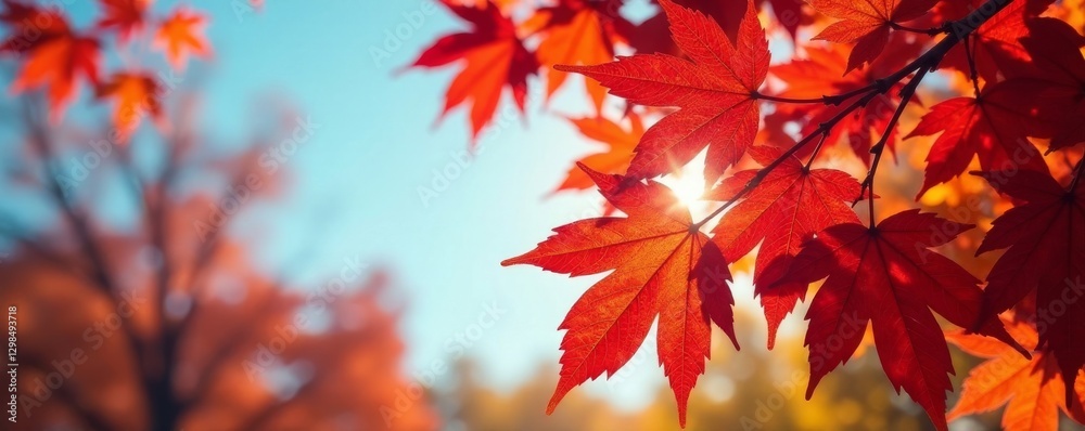 Starburst of crimson and gold sweetgum leaves against a clear autumn sky , picture, liquidambar Starburst of crimson and gold sweetgum leaves against a clear autumn sky , picture, liquidambar