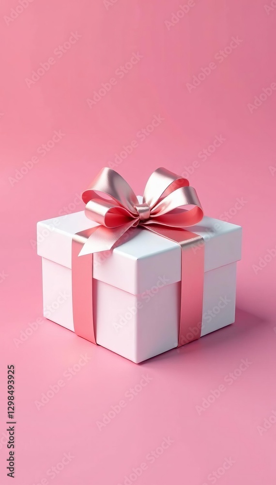 - A white gift box with shiny bow on pink background , box, present - A white gift box with shiny bow on pink background , box, present
