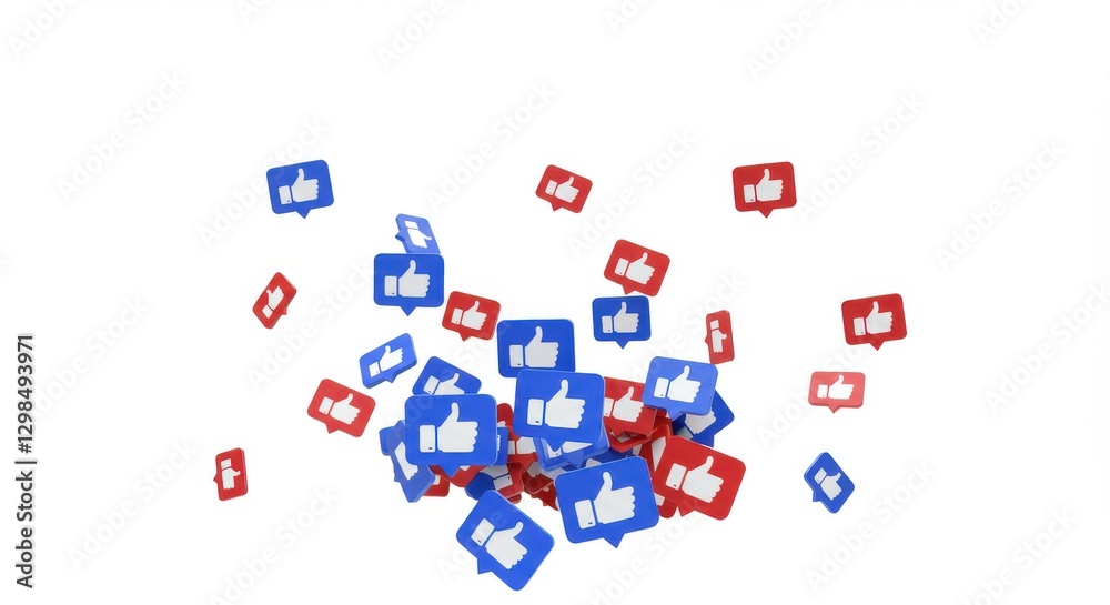 Social media icons, thumbs up symbols, likes, blue and red color scheme, scattered pattern, white background, minimalist design, digital artwork, Social media icons, thumbs up symbols, likes, blue and red color scheme, scattered pattern, white background, minimalist design, digital artwork,