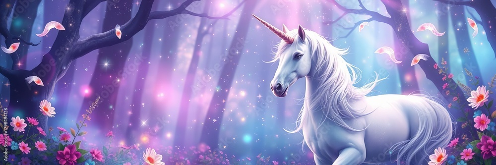 Naklejka premium A majestic unicorn with a flowing mane, standing in a vibrant magical forest filled with sparkling fairy lights and colorful flowers, flowers, beautiful
