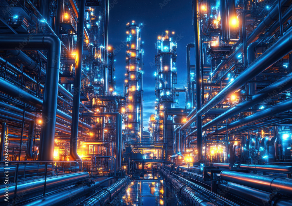 Naklejka premium Industrial city lights up at night, highlighting complex structures and glowing pipes against a dark sky, creating a vibrant ambiance