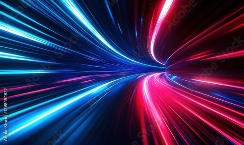Red and blue light streaks, lines of speed in a space tunnel. High-speed blur background for a digital or tech concept design.