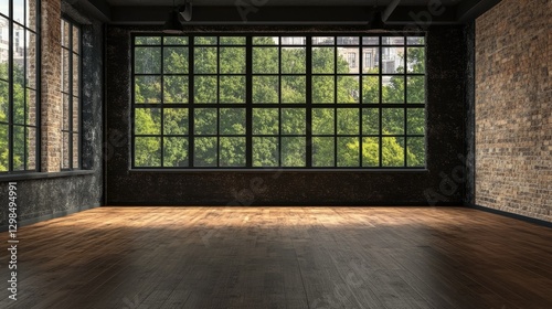 Empty loft-style living room with industrial textured walls  large windows  and modern wooden flooring  creating a spacious and stylish vibe