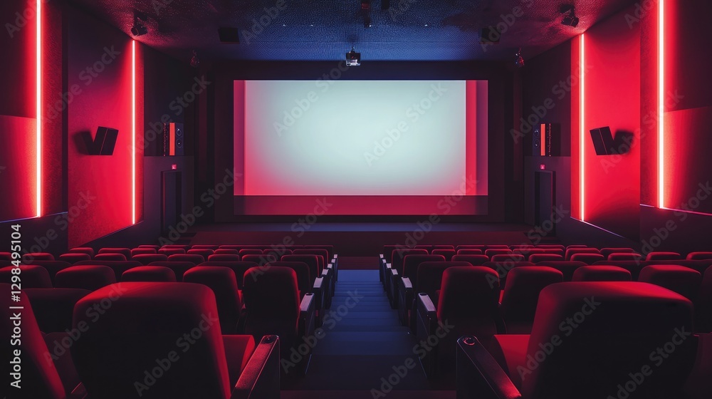 Empty modern cinema hall with a large blank white screen, dim lighting, and comfortable seating, perfect for a theater mockup Empty modern cinema hall with a large blank white screen, dim lighting, and comfortable seating, perfect for a theater mockup