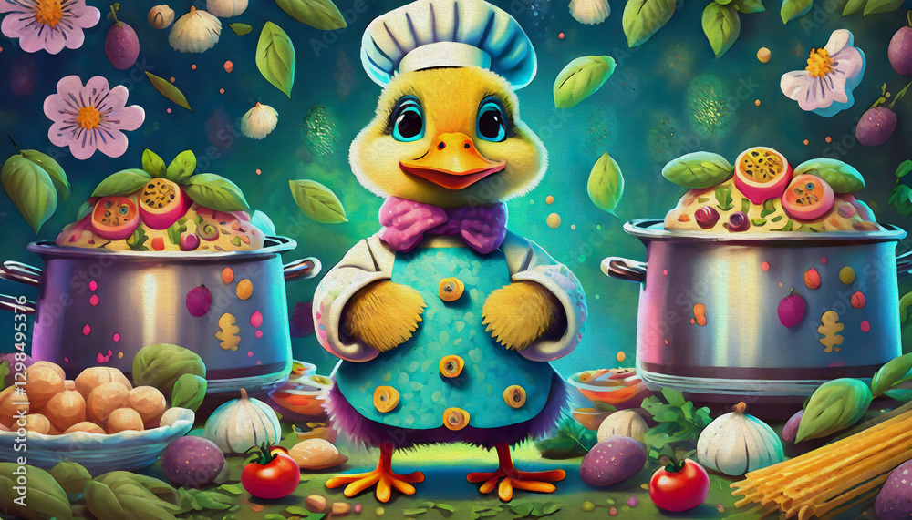 Obraz premium oil painting style cartoon character illustration cute baby duck in a chef costume surrounded