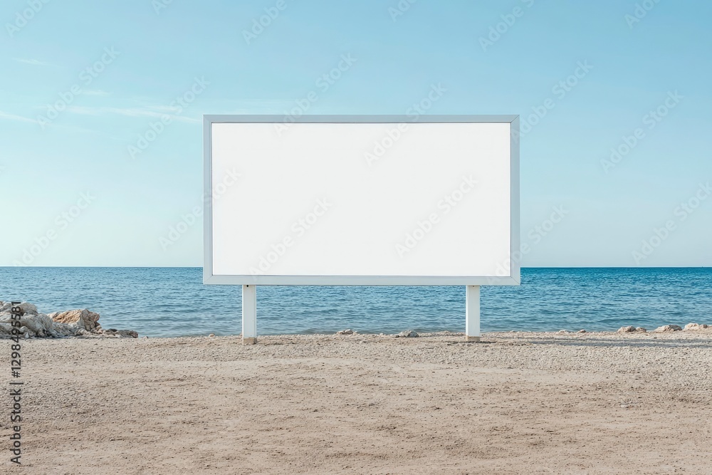 blank white billboard on the beach, with a view of the sea and sand in front, without any text or graphics. The scene is captured from an angle that showcases both sides of the billboard blank white billboard on the beach, with a view of the sea and sand in front, without any text or graphics. The scene is captured from an angle that showcases both sides of the billboard