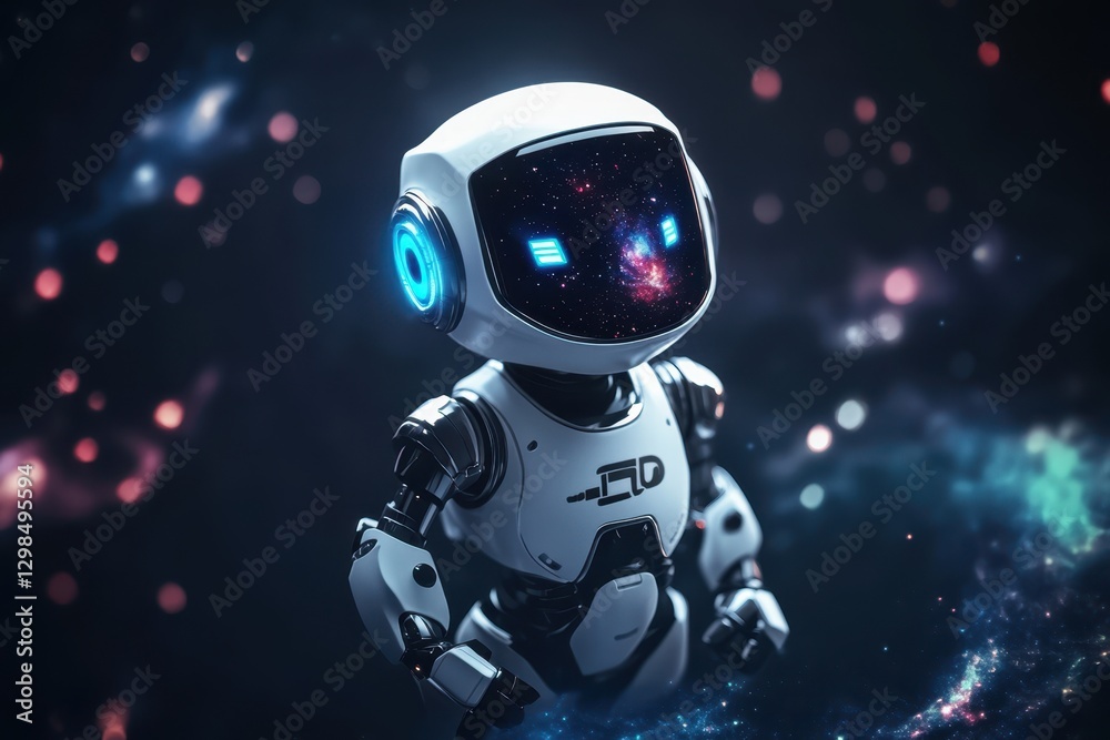 Robotic figure with galaxy display in space environment at night Robotic figure with galaxy display in space environment at night
