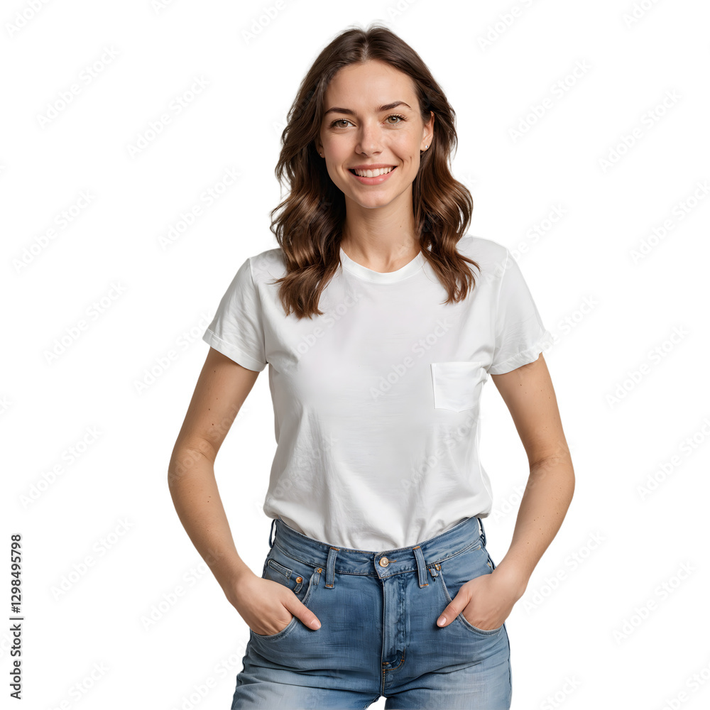 Obraz premium A young woman wearing plain white t-shirt, mock-up.