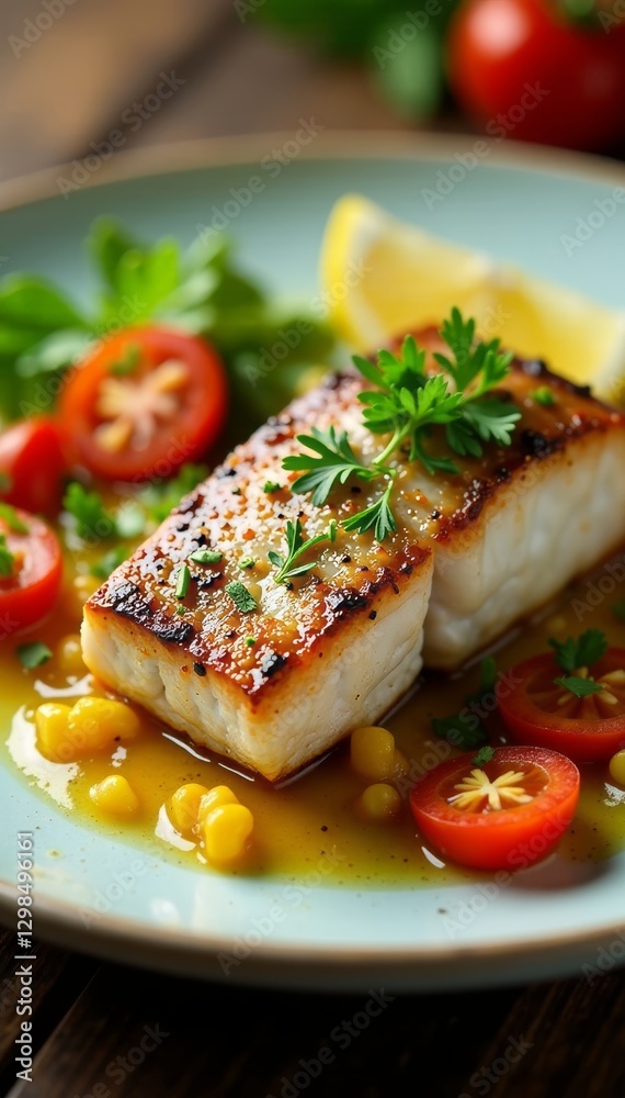 Juicy swordfish with vibrant steamed vegetables & lemon , diet, delicious meal Juicy swordfish with vibrant steamed vegetables & lemon , diet, delicious meal