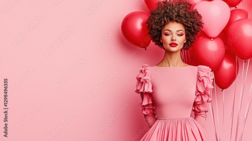 Radiant Elegance: A captivating woman, draped in a delicate dress, holds a bunch of heart-shaped and round balloons. The scene is set against a vibrant backdrop. Radiant Elegance: A captivating woman, draped in a delicate dress, holds a bunch of heart-shaped and round balloons. The scene is set against a vibrant backdrop.