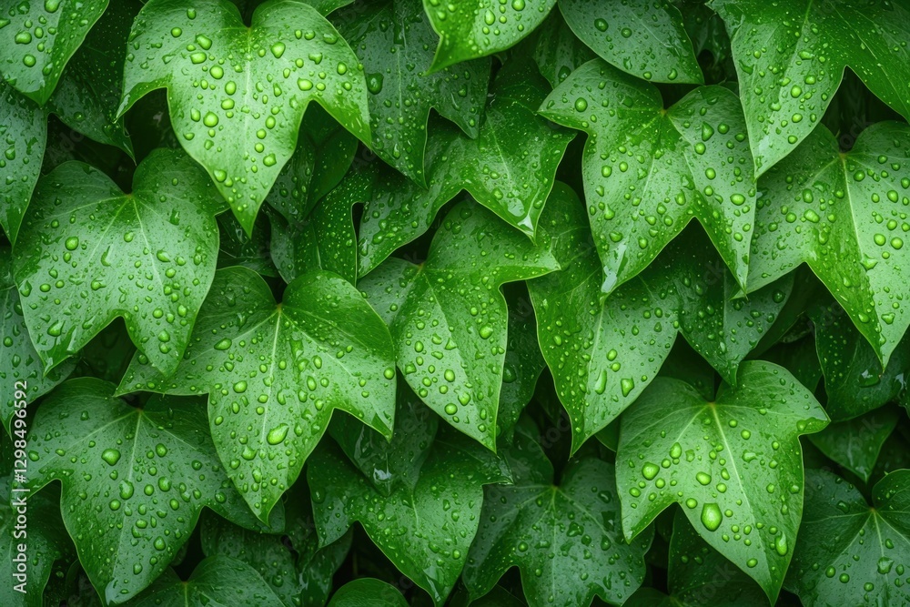 Fototapeta premium Lush green leaves glisten with droplets, creating vibrant, refre