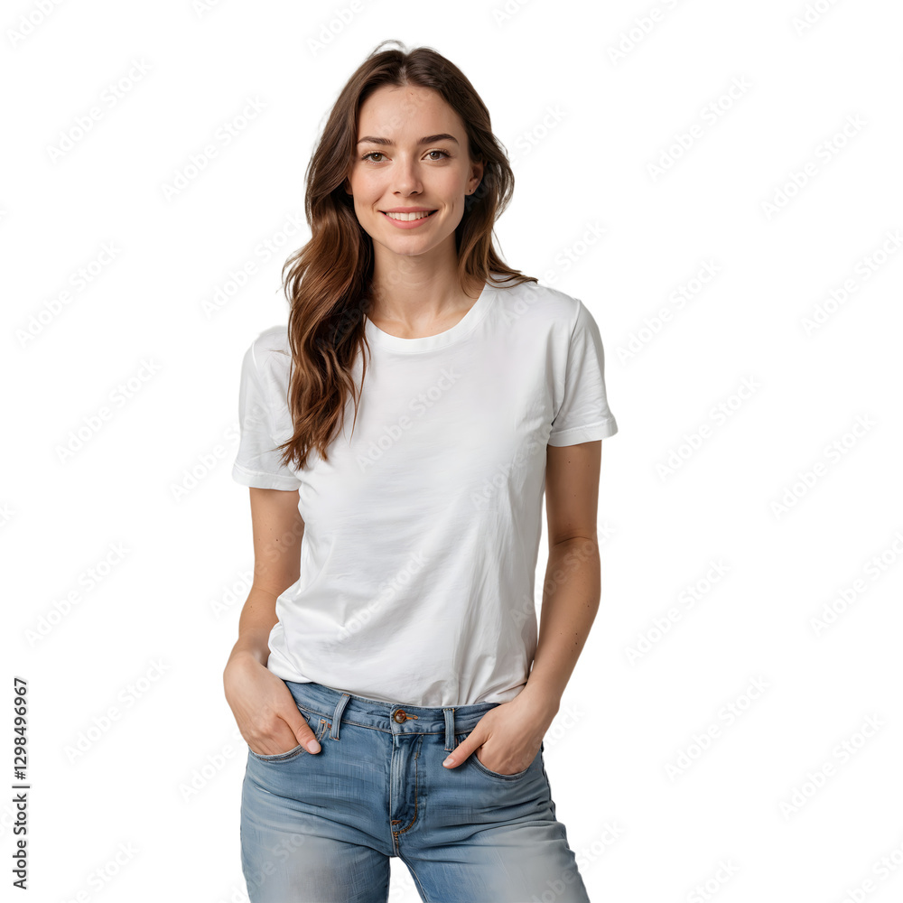 Obraz premium A young woman wearing plain white t-shirt, mock-up.